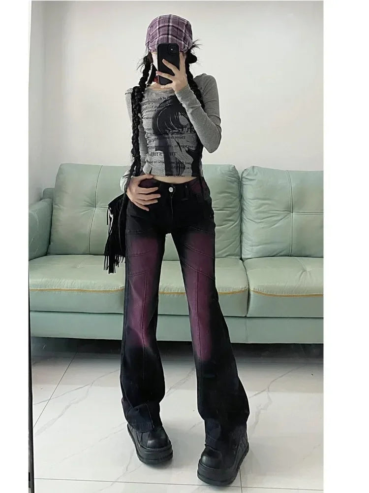 American Style Black Purple Denim Pants Y2k E-Girl Vintage High Waist  Flare  Autumn New Tie Dye Straight Trousers