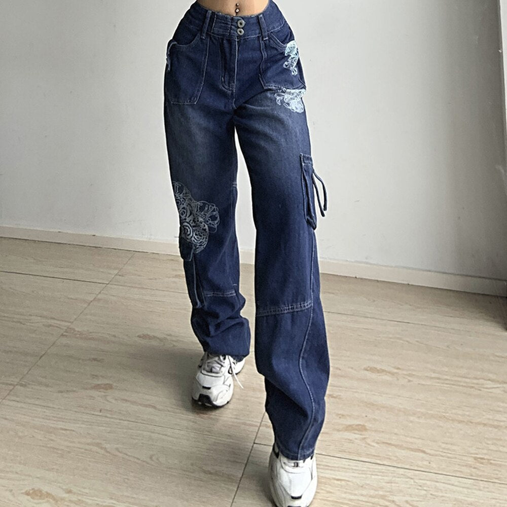 Retro Graphic Print Y2K Baggy Jeans Grunge High Waist Cargo Denim Trousers Streetwear Casual Sweatpants Pantalon Pour Femme