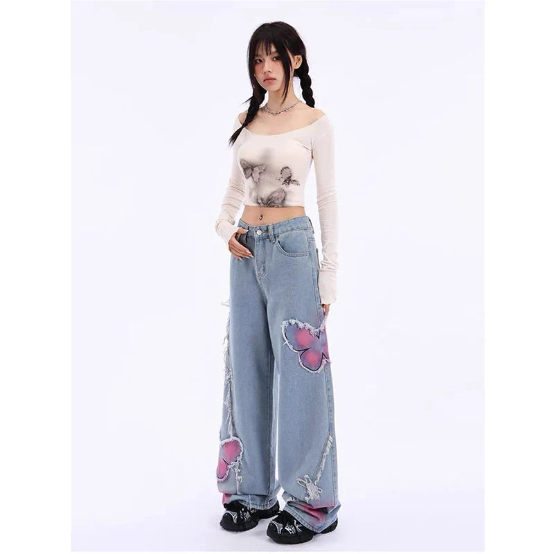 Blue Butterfly Mop Baggy Jeans Women's Vintage 90s Aesthetic Clothes Y2k Denim Trousers 2000s Harajuku Wide Leg Pants Female