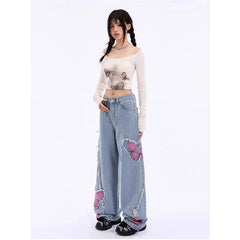 Blue Butterfly Mop Baggy Jeans Women's Vintage 90s Aesthetic Clothes Y2k Denim Trousers 2000s Harajuku Wide Leg Pants Female