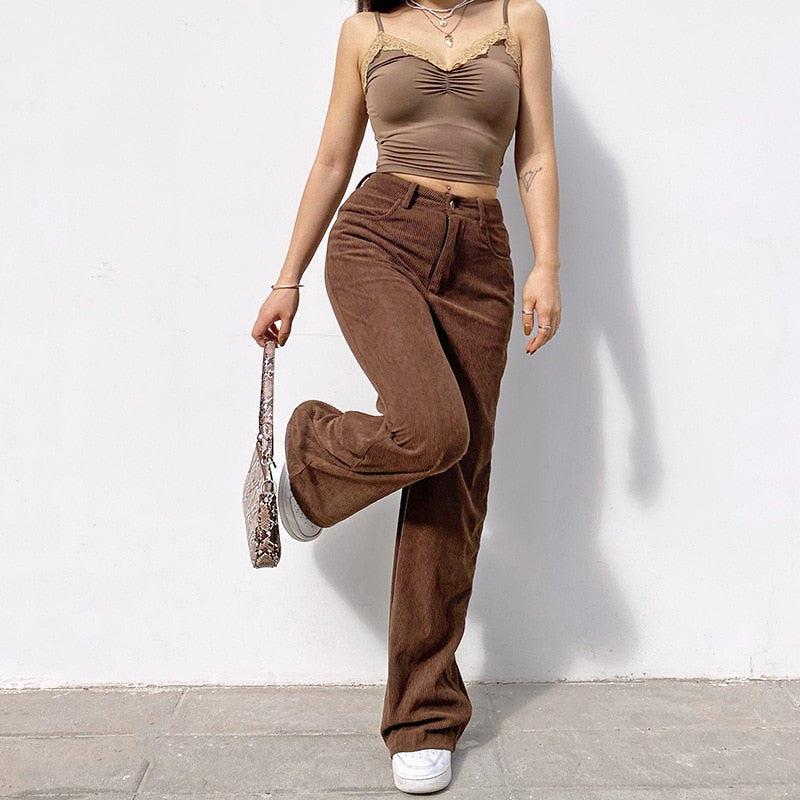 Rapcopter Brown Corduroy Pants Women Harajuku Cargo Pants Retro Trousers Autumn Winter Low Waisted Pant 90S Grunge Fairycore New