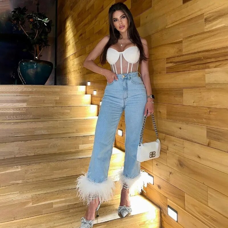 High Waisted Jeans For Women Feather Stitching Street Casual Slouchy Jeans Femme Summer Loose Blue Long Pants Woman