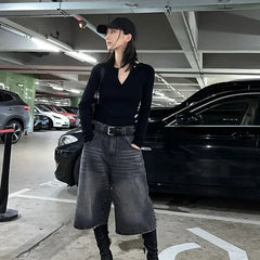 Vintage Washed Black Denim Pants Women 2024 Autumn High Waist Loose Wide Leg  Y2k E-Girl Unisex A-line Calf- Length