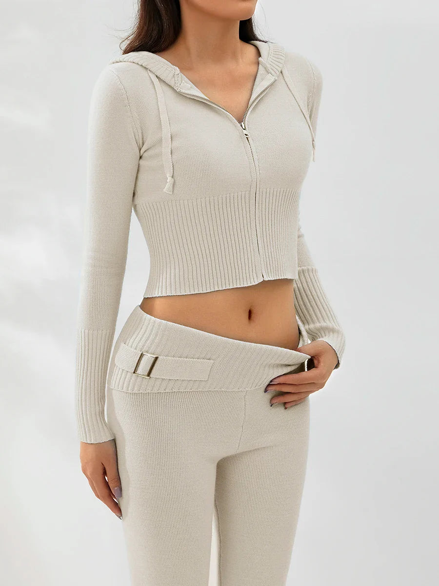 Women Cozy Ribbed Knit Lounge Set Long Sleeve Zip Up Hoodie with High Waist Wide Leg Pant 2 Piece Loungewear Ensemble Casual Set