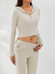 Women Cozy Ribbed Knit Lounge Set Long Sleeve Zip Up Hoodie with High Waist Wide Leg Pant 2 Piece Loungewear Ensemble Casual Set