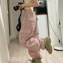 Women Baggy Trousers Low Waist Joggers Cargo Pants Y2K Pockets Wide Leg Pants Fashion Loose Drawstring Streetwear Trousers