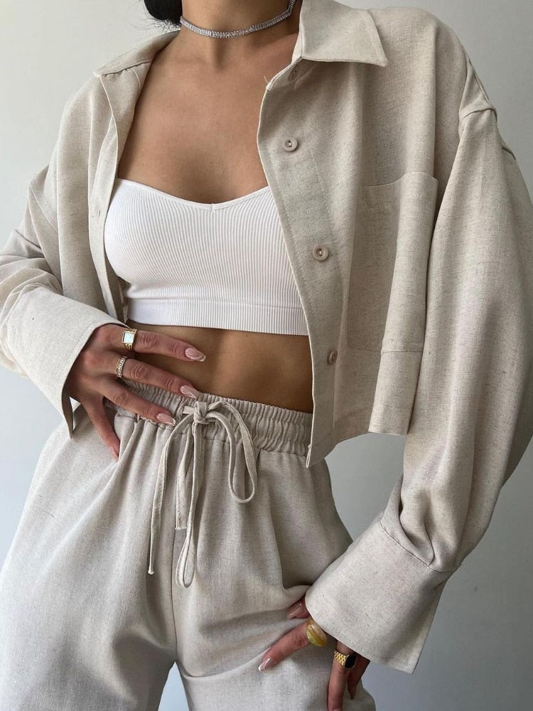 New 2piece Set Women Outfit 2023 Autumn Solid Long Sleeved Short Casual Shirt Drawstring Pants Jacket Sets Fall Outfits 2023