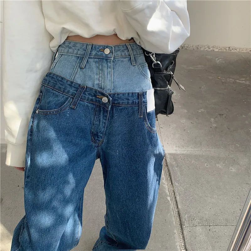 Stylish Fake Two Piece Jeans Women Patchwork Daddy Pants Female Baggy Jeans American Fashion Vintage Denim Pants Trousers Street