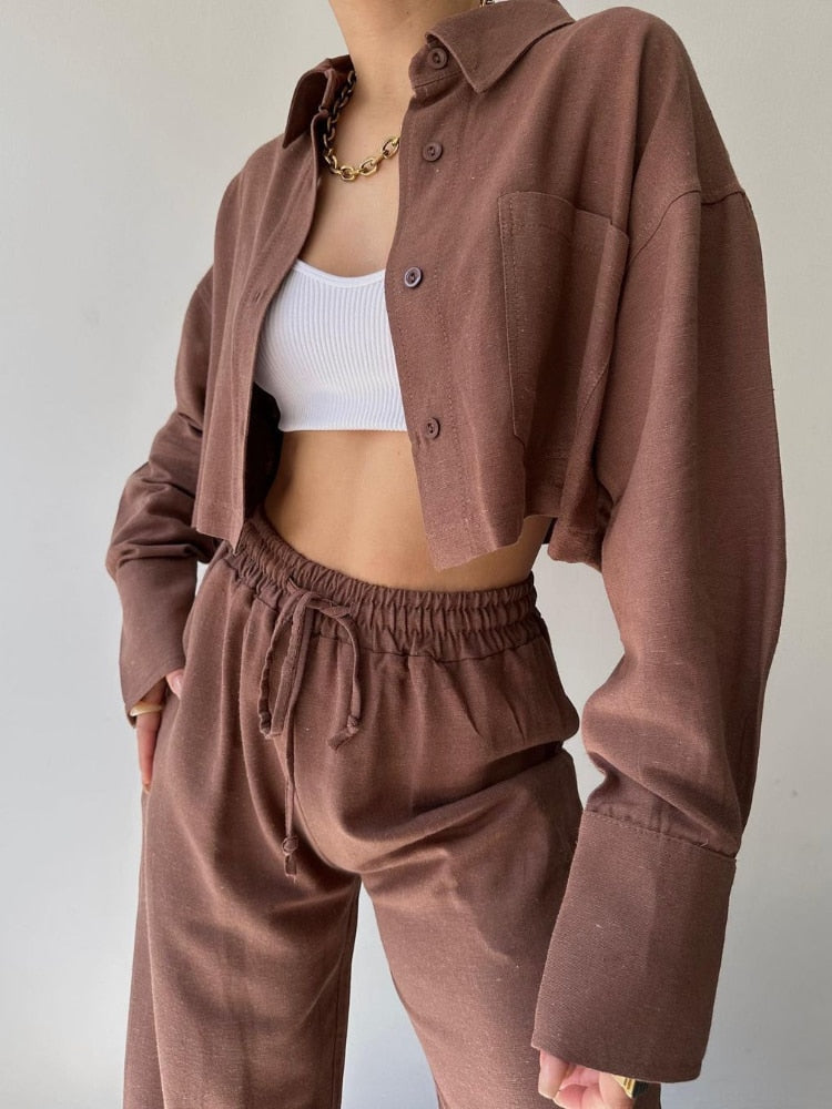 New 2piece Set Women Outfit 2023 Autumn Solid Long Sleeved Short Casual Shirt Drawstring Pants Jacket Sets Fall Outfits 2023