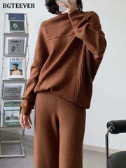 Autumn Winter Knitted Trousers Set Women Turtleneck Pullovers & Wide Wide Pants Thick Warm Female Sweater Set