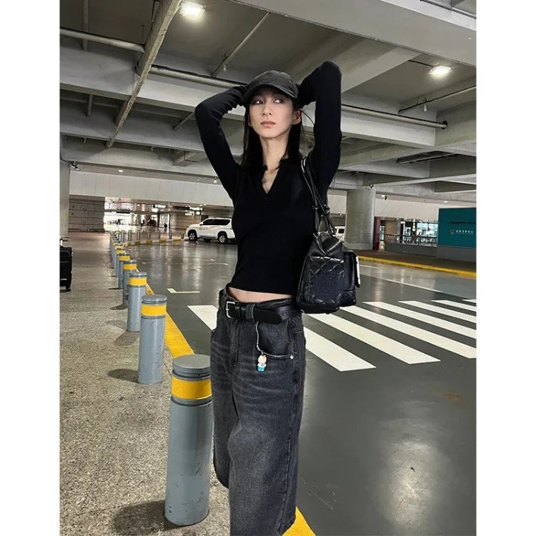 Vintage Washed Black Denim Pants Women 2024 Autumn High Waist Loose Wide Leg  Y2k E-Girl Unisex A-line Calf- Length