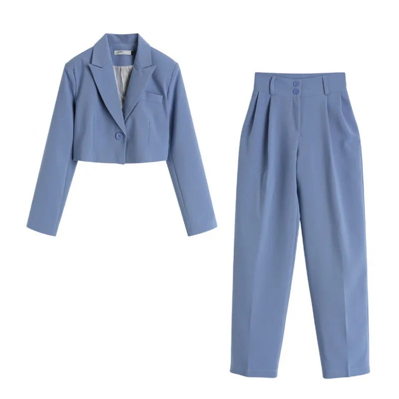 Women Blazer And Pants Sets Autumn Black Crop Blazers Coats And Pencil Long Pants High Streetwear Business Suit Outfits