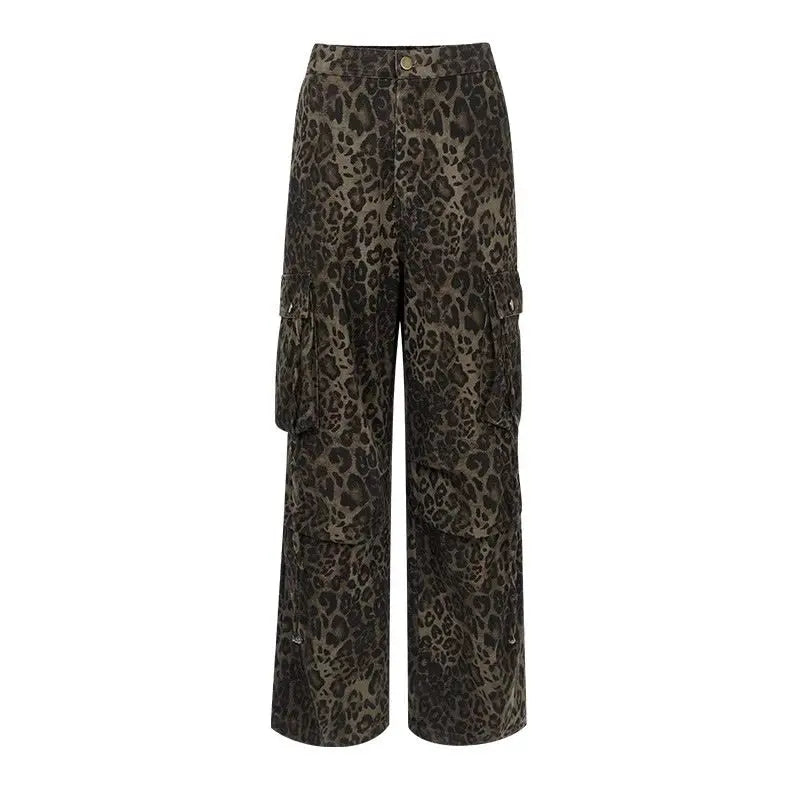 Multi-pocket Pleated Leopard Print Paratrooper Pants Fashion Streetwear Wide Leg Pants Cargo Pants Women Harajuku Style Trousers