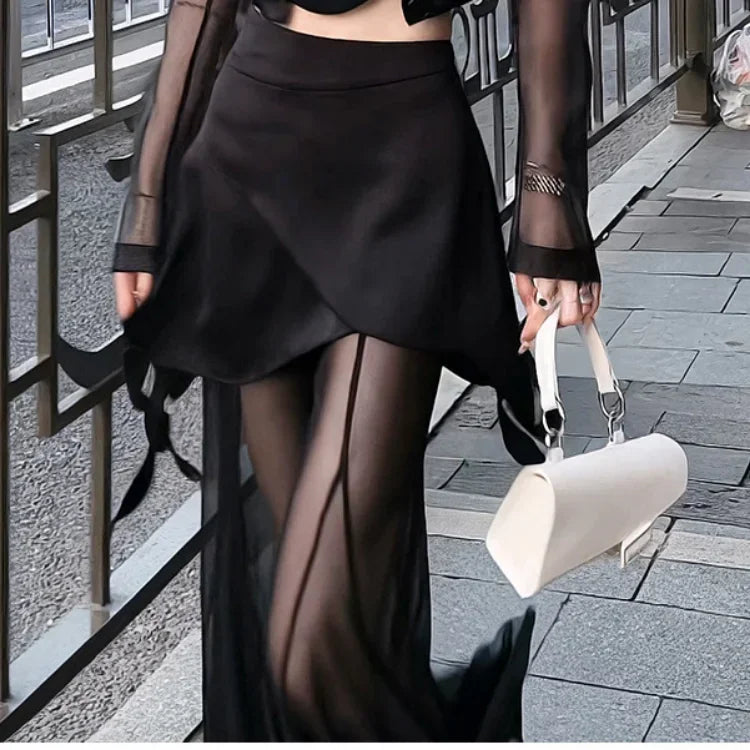 Korean Simple High Waist Hollow Out Black Pants+ Y2k E-Girl Slim Fit Mesh Long Sleeve Tops Women  Grunge Two Piece Sets