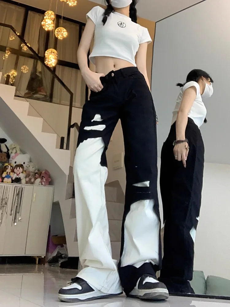 Trend Street Black White Denim Pants Women Y2k E-Girl High Waist Irregular Trousers Summer Loose Straight Wide Leg  Jeans