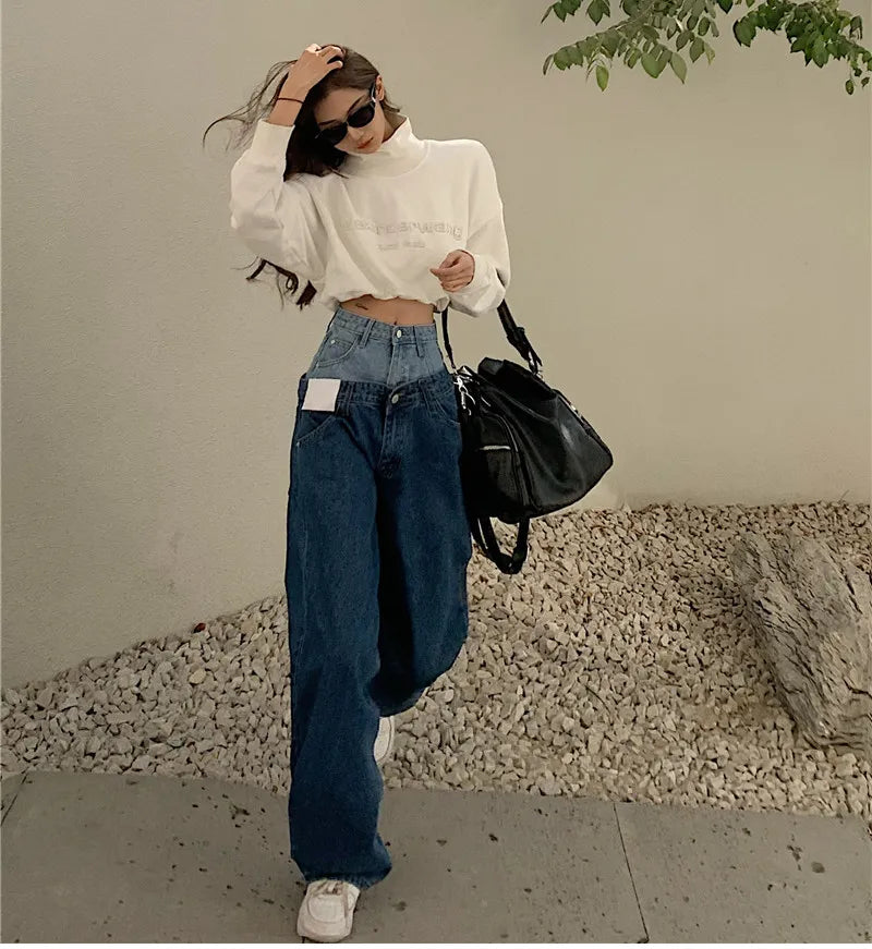 Stylish Fake Two Piece Jeans Women Patchwork Daddy Pants Female Baggy Jeans American Fashion Vintage Denim Pants Trousers Street