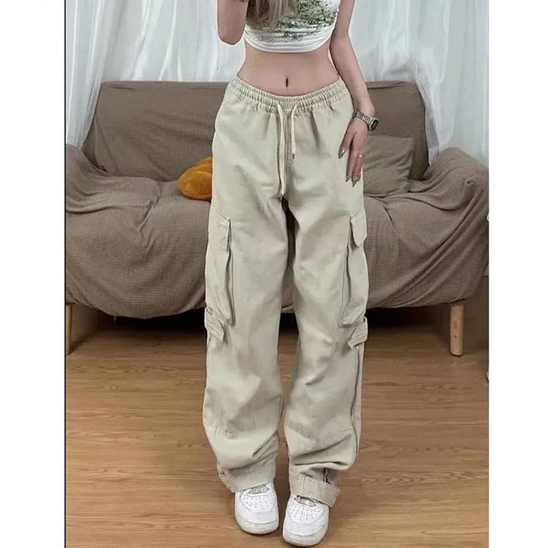 American Y2K White Vintage Cargo Jeans Fashion Pocket High Waist Straight Pants High Street Baggy Wide Leg Denim Trouser Ladies