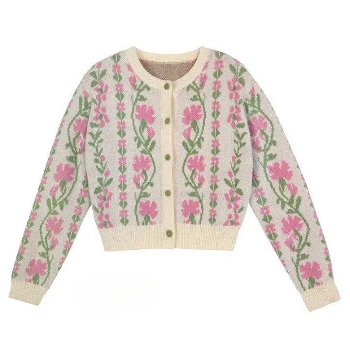 Mia Sweet Boho Floral Intarsia Cardigan