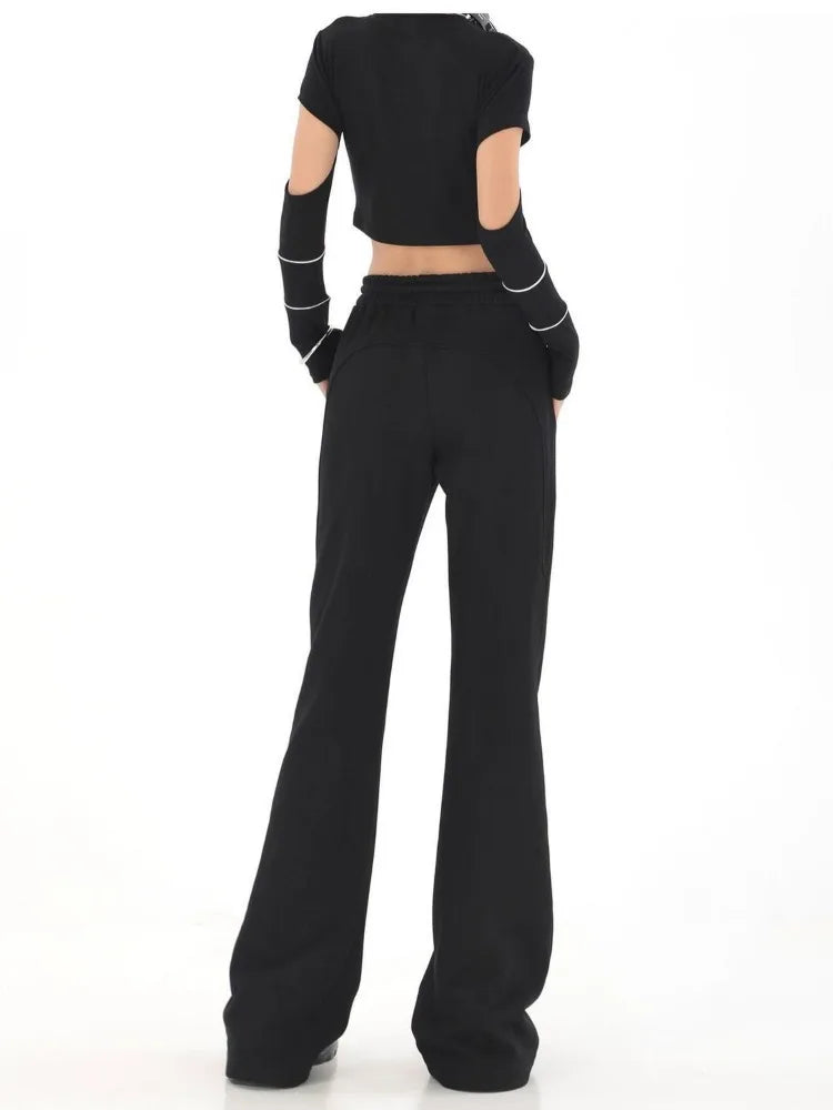 Vintage Black Boot Cut Pants Women Chic High Waist Drawstring Casual Sweatpants Korean Style Cleanfit Design Long Pants