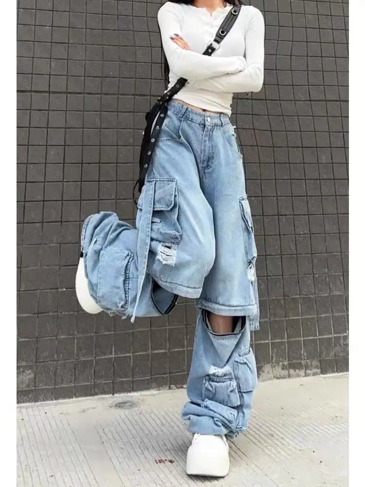 Heavy Duty Multi-pocket High Waist Cargo Pants Women American Retro Fashion Baggy Jeans Women Harajuku Hip-hop Wide-leg Jeans