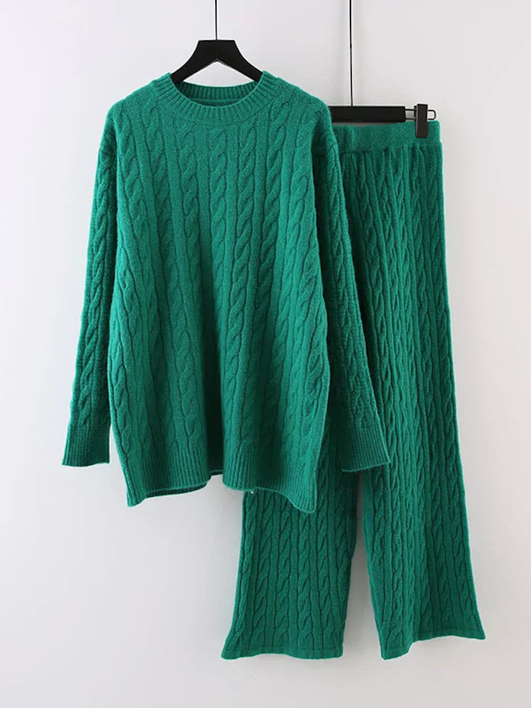 Autumn Knit Outfits Women Two Piece Sets Rib Loose Pullover And Wide Legs Pants Streetwear Sweater Suit Matching Sets