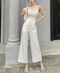 Spring Outfit Lace Splicing Jumpsuit Women 2024 Summer New Women's Suspender High Waist White Wide Leg Pants Elegant Evening Party Chic