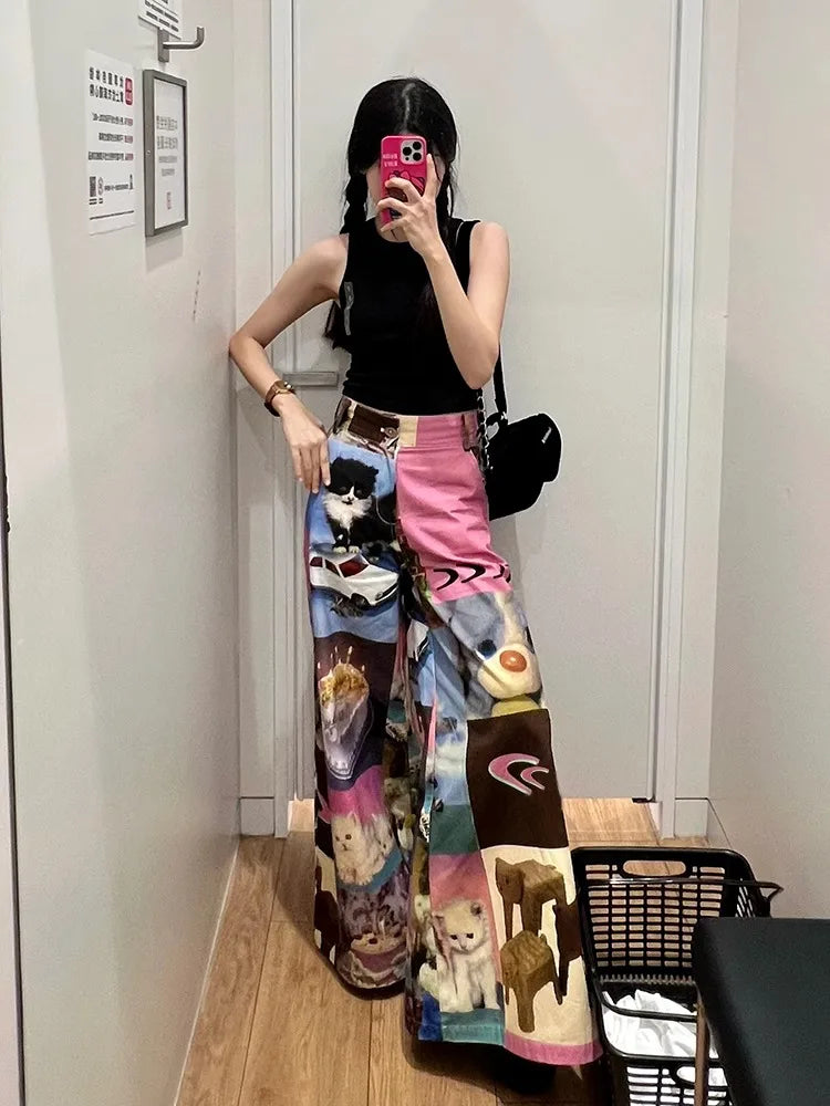 American Street Cute Cartoon Print Pants for Women 2024 New Loose Wide Leg  Y2k Grunge High Waist Straight Trousers