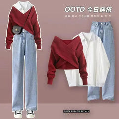 2023 Winter Korean Popular Loose Long Sleeve Shirt Knitted Sweater Casual Wide Leg Pants Three Piece Elegant Women's Pants Set