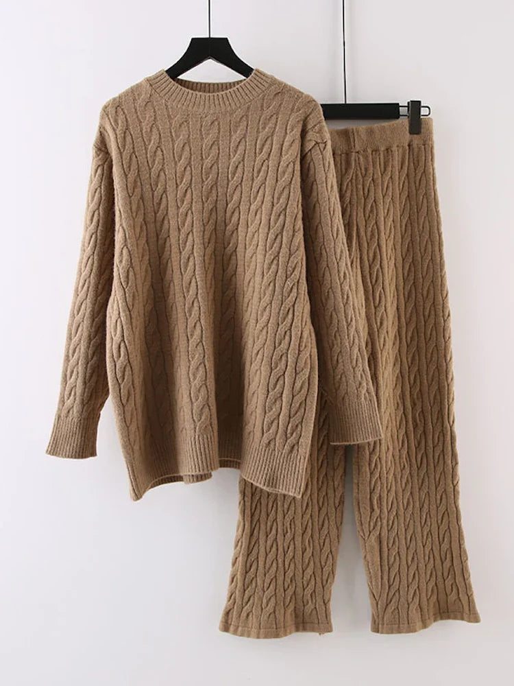 Autumn Knit Outfits Women Two Piece Sets Rib Loose Pullover And Wide Legs Pants Streetwear Sweater Suit Matching Sets