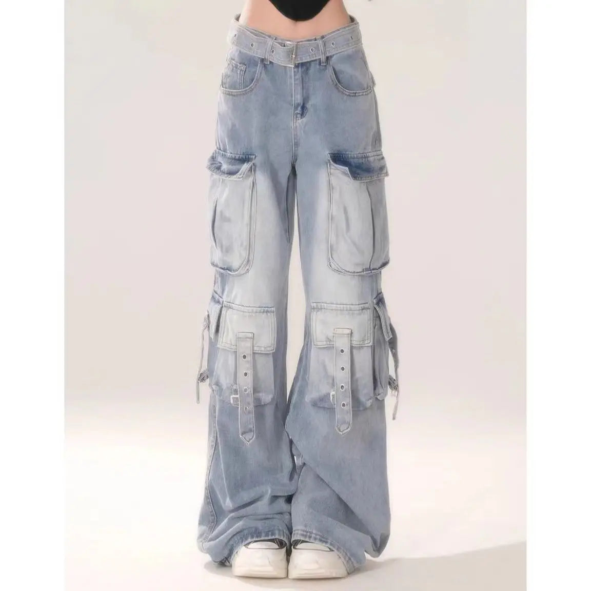 Washed Multi-pocket Wide-leg Jeans for Women American Retro Fashion Street Overalls Harajuku Y2k Hot Girl Floor-length Pants