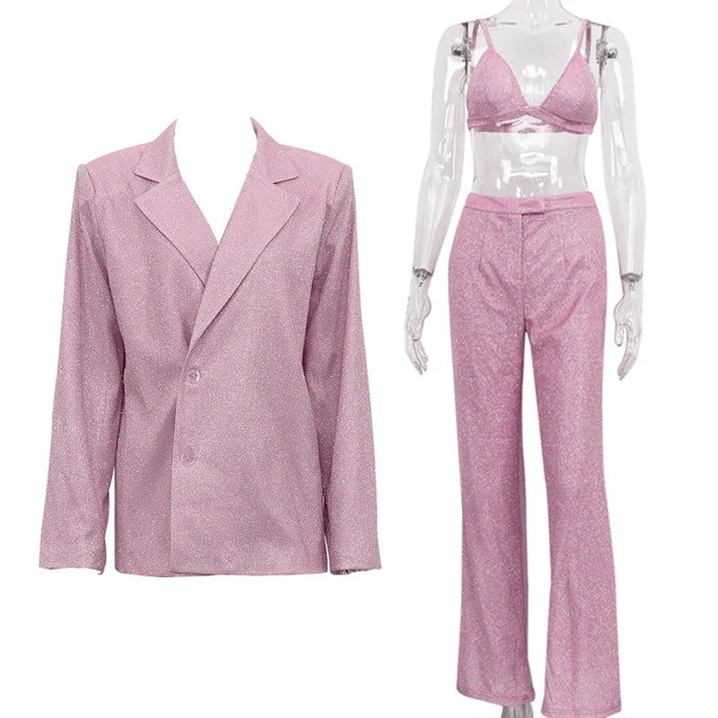 Party Sliver Glitter Three Piece Blazer Sets For Women Fashion Clubwear Sparkly Bra And Pants 2 Piece Mathcing Set New