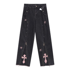 Studded Cross Punk High Waist Straight Jeans Stylish Design High Waisted Wide Leg Pants American Retro Hot Girl Y2k Trousers