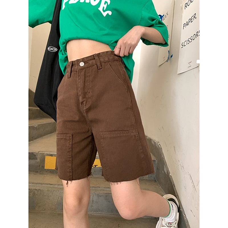 Back to school Brown High Waist Women Shorts Jeans Wide Leg Baggy Denim Shorts Summer Streetwear Five Points Trousers Straight Jean Short Pants