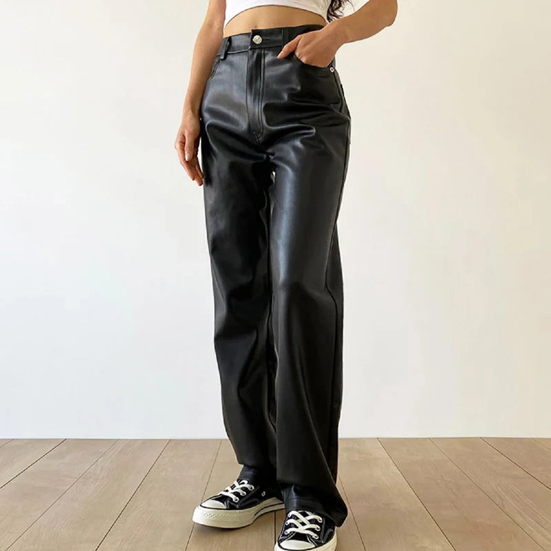 Vintage Women Pu Pants High Waist Black Faux Leather Loose Y2K Trousers Streetwear Female 90S Pants New