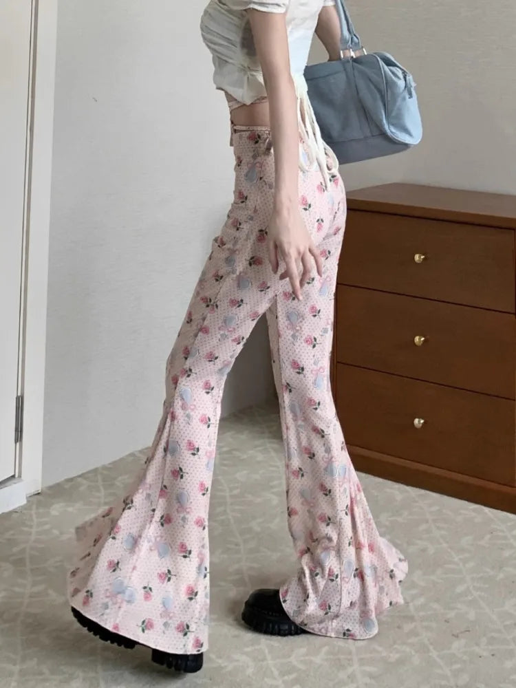 Sweet Floral Print Casual Pants for Women Sumemr Slim Fit Ruffles Flare  Y2k E-Girl High Waist Loose Wide Leg