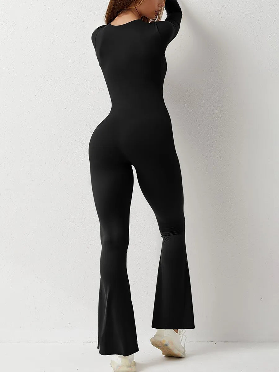 Barbotimer Women s Bodycon Jumpsuit Long Sleeve Square Neck Slim Fit Flared Pants Romper Fall Winter  Playsuit