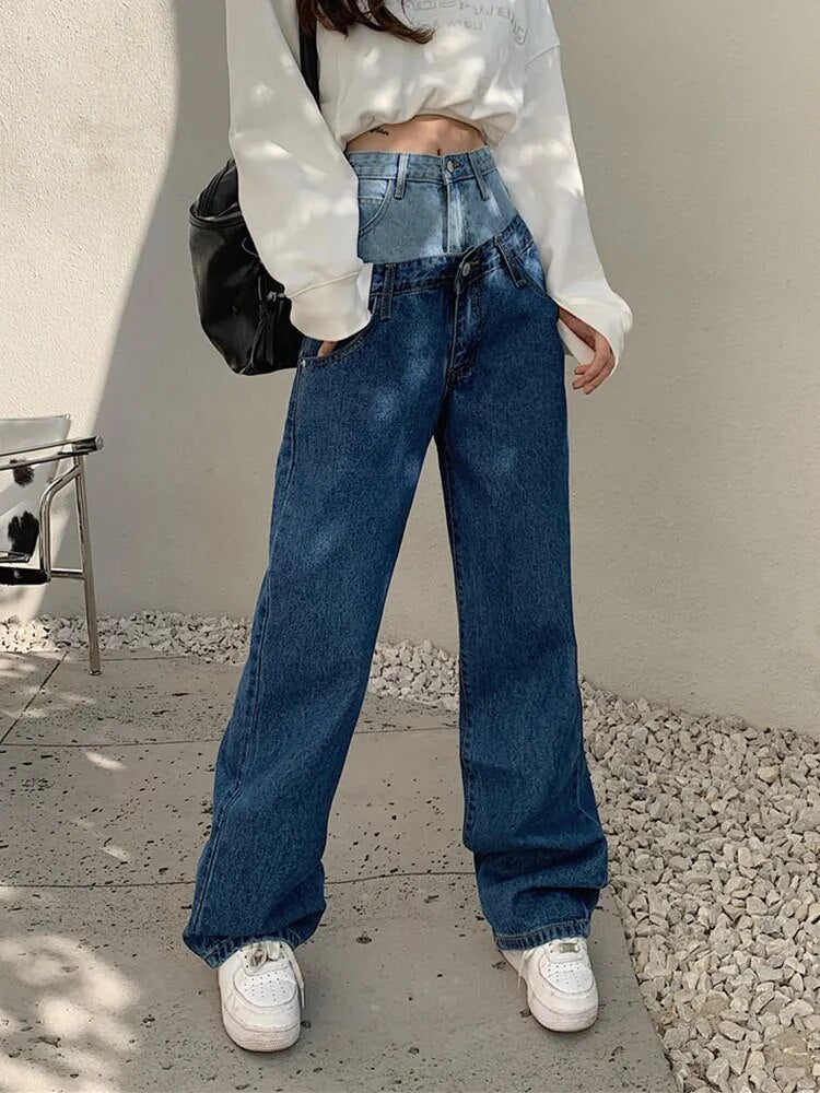 Stylish Fake Two Piece Jeans Women Patchwork Daddy Pants Female Baggy Jeans American Fashion Vintage Denim Pants Trousers Street