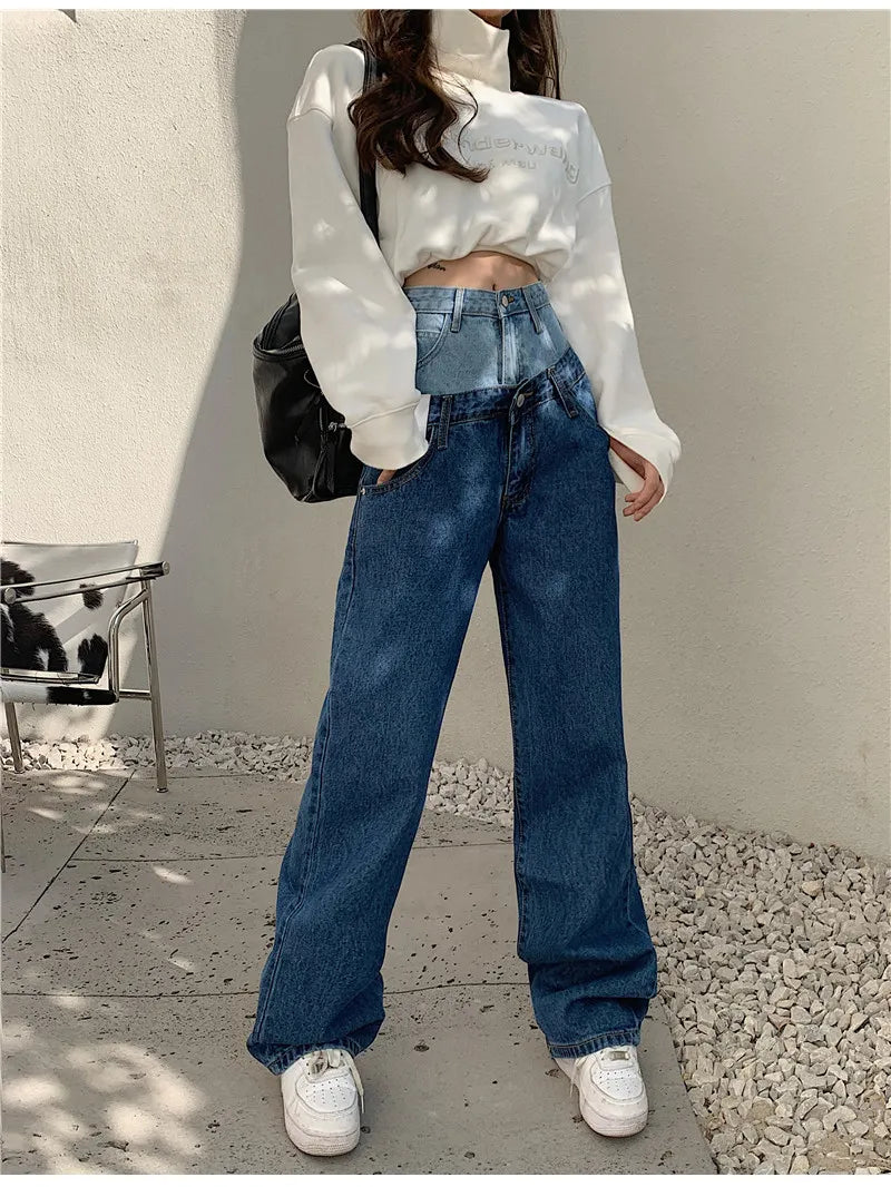 Stylish Fake Two Piece Jeans Women Patchwork Daddy Pants Female Baggy Jeans American Fashion Vintage Denim Pants Trousers Street