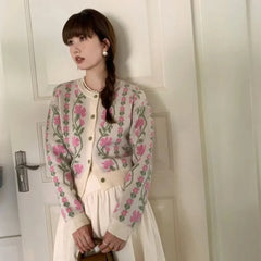 Mia Sweet Boho Floral Intarsia Cardigan