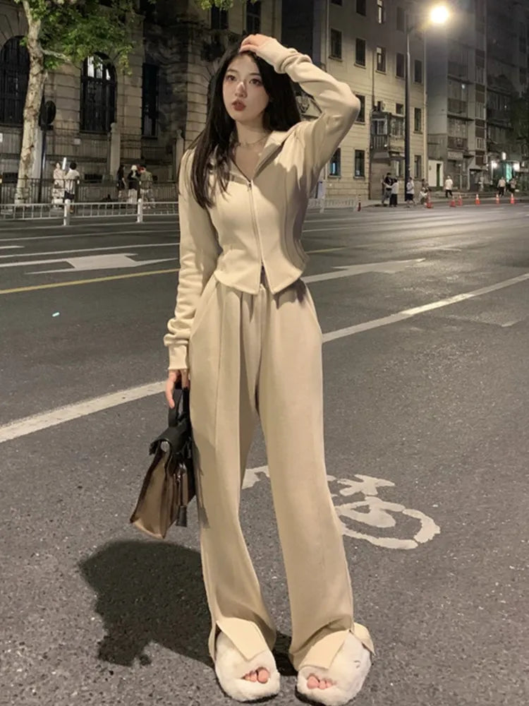 Autumn Y2k Two Piece Tracksuit Women Hoodies Zipper Jacket High Waist Wide Leg Pants Suit Korean Fashion High Street Slim Outfit