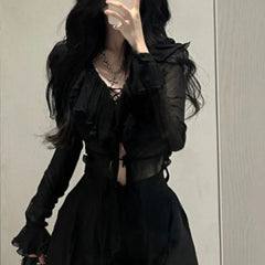 Fashion V-neck Ruffles Black Long Sleeve Cardigan Mujer+ Y2k High Waist Loose Wide Leg Pants 2024 Summer New Two Piece Sets