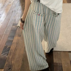 Fashion Vintage Green Striped Straight Trousers 2024 Summer New Wide Leg Pants Y2k Grunge High Waist Loose  for Women