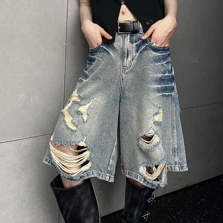 American Street Washed Blue Denim Shorts Y2k E-Girl High Waist Loose Wide Leg Jeans 2024 New Hole Straight Knee-Length Pants