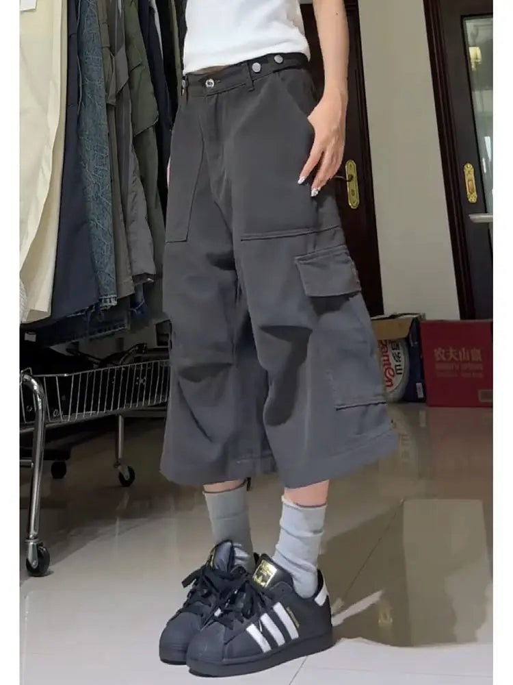 Oversize American High Street Retro Pocket Cargo Shorts 2024 Summer New Wide Leg Pants Y2k Loose Straight Calf- Length