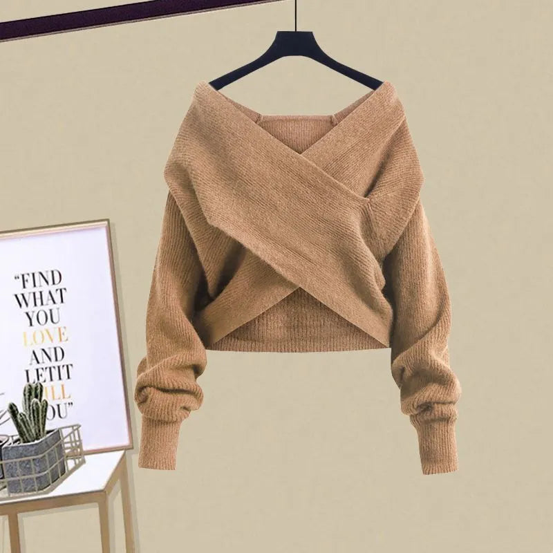 2023 Winter Korean Popular Loose Long Sleeve Shirt Knitted Sweater Casual Wide Leg Pants Three Piece Elegant Women's Pants Set