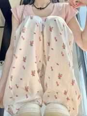 American Casual White Flower Print Cargo Pants 2024 Autumn New High Waist  Y2k E-Girl Straight Wide Leg  Women