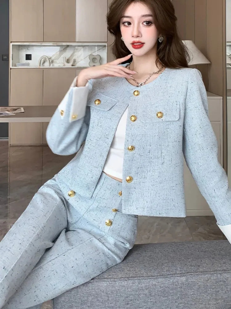 Elegant Jacket Coat Wide Leg Pant Sets Women New Fashion Korean Small Fragrant Casual Office Ladies Outfits Two Piece Set