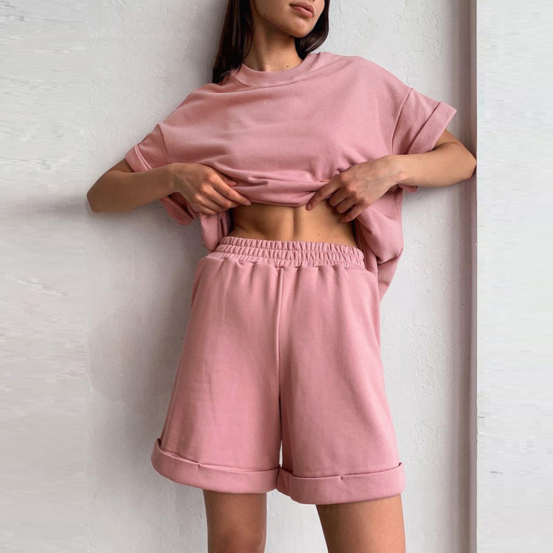 Back to college  Cotton Sets Women Summer New Casual Two Pieces Short Sleeve Tops And Short Pants Casual Solid Outfits Tracksuit