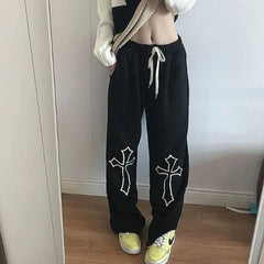 Black Vintage Women's Sweatpants Fleeced Y2k Harajuku Casual Brushed Pants Korean Streetwear Fashion Baggy Trousers Winter