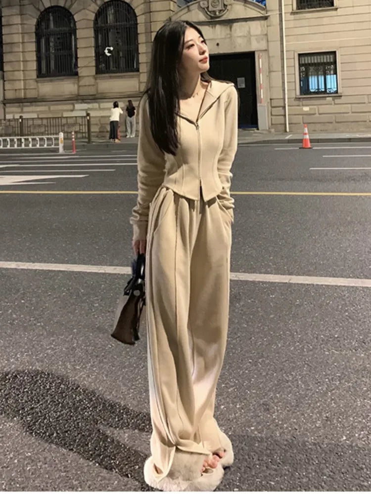 Autumn Y2k Two Piece Tracksuit Women Hoodies Zipper Jacket High Waist Wide Leg Pants Suit Korean Fashion High Street Slim Outfit